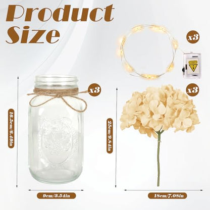 Set of 3 Mason Jar Lights, Champagne Hydrangea Holiday Table Decor - color: Jar-champagne Hydrangea
