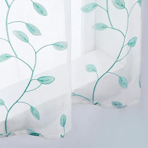 MRTREES Sheer Christmas Curtain Valance, 2 Panels Leaves Embroidered Small Valances Curtains 54x16 Inches, Rod Pocket Short Window Treatment Toppers for Living Room Bedroom Kitchen(Aqua Blue Leaves) - color: Leaves-aqua Blue