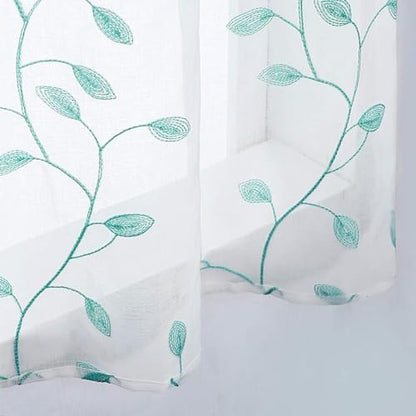 MRTREES Sheer Christmas Curtain Valance, 2 Panels Leaves Embroidered Small Valances Curtains 54x16 Inches, Rod Pocket Short Window Treatment Toppers for Living Room Bedroom Kitchen(Aqua Blue Leaves) - color: Leaves-aqua Blue
