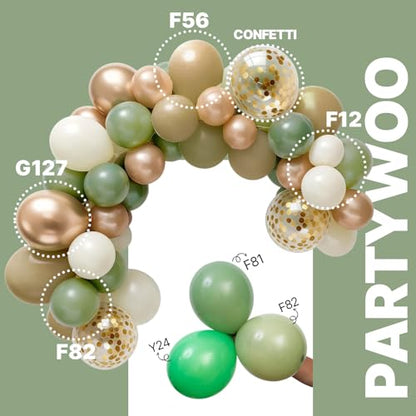 PartyWoo Sage Green Balloons 66pcs 12 Inch Gold White Brown Gold Balloons - color: Green-3327