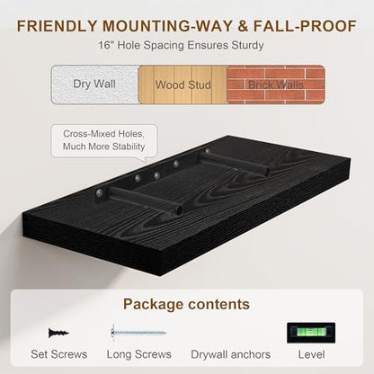 Fun Memories Rustic Black Floating Shelves 24 Inch Long, 8 Inch Deep Floating Shelf, 24 x 8 Wall Shelves Set of 2, Deep Black Bathroom Shelves, 24 Long Floating Bookshelf Wall Mounted - color: Black, size: 24"W x 8"D