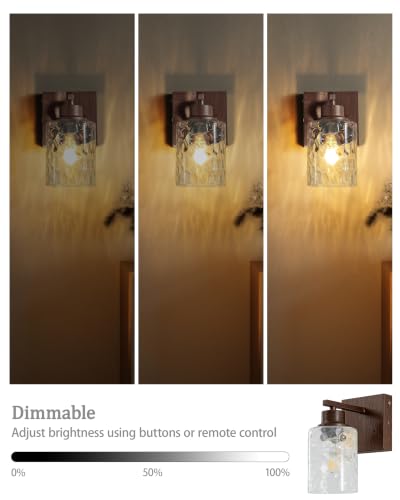 Rayogale Hammered Glass Battery Operated Wall Sconces Set of Two Walnut | Dimmable Rechargeable Wall Lights with Remote Timer, Easy Install Lamp for Living Room Bedroom, Emergency 3000K - color: Walnut(Clear Hammered Lampshades)