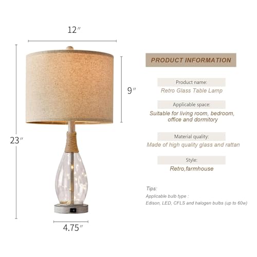 OYEARS 23" USB A+C Table Lamp for Bedroom Living Room Modern Bedside Lamps Retro Farmhouse Rattan Glass Nightstand Nightlight Lamps (White),Two Light Points - color: Antique White