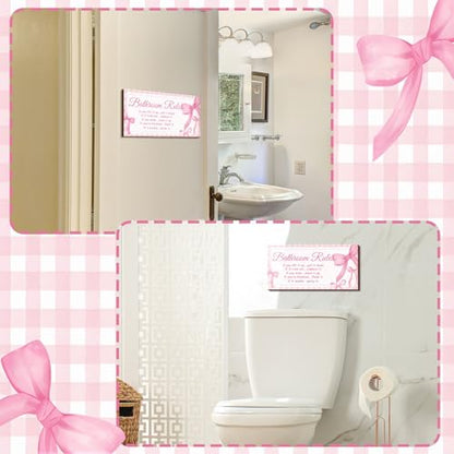 Jetec 2 Pcs Coquette Pink Bow Bathroom Wall Decor Wooden Sign 12 x 6 Inch - style: Pink Bow Style