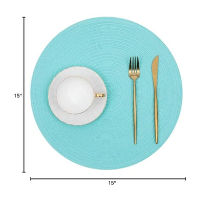 SHACOS Round Placemats Set of 6 Washable 15 inch Round Table Mats Cotton Polyester Woven Braided Place Mats for Dining Table (Aqua, 6) - color: Aqua, size: Set of 6