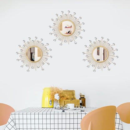 3 Pack Metal Mirrors for Wall Sunburst Wall Mirror Gold Crystal Home Accent - color: Gold Crystal
