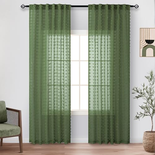 Olive Green Sheer Curtains 84 Inch Length for Bedroom Living Dining Room Country Farmhouse Pom Pom Design Window Treatments Drapes Boho Decor Christmas Green Voile Sheer Curtains 2 Panels Set Back Tab - color: Olive Green, size: 52"W x 84"L (Pack of 2)