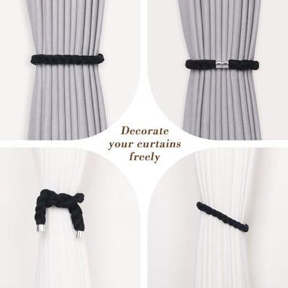 NICEEC 2 Pack Natural Cotton Rope Magnetic Curtain Tiebacks Elegant Twisted Braid Style Drape Tie Backs Soft Hand-Woven Rope Curtain Holdbacks for Home & Office Window Draperies (Black-01) - color: Black-01, size: 2 Pack