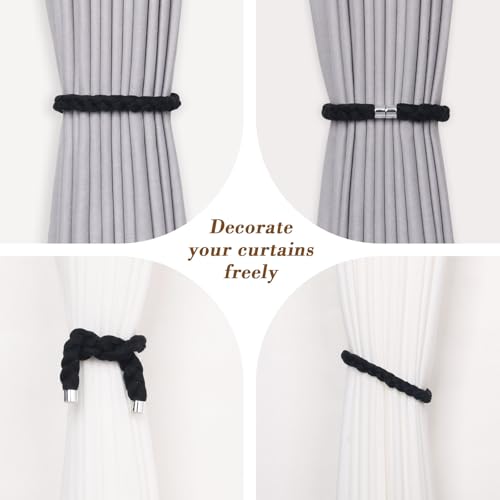 NICEEC 4 Pack Natural Cotton Rope Magnetic Curtain Tiebacks Elegant Twisted Braid Style Drape Tie Backs Soft Hand-Woven Rope Curtain Holdbacks for Home & Office Window Draperies (Black-01) - color: Black-01, size: 4 Pack