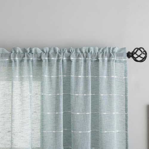 Blue Sheer Curtains 84 Inches Boho Striped Faux Linen 2 Panels - color: Blue, size: 52"W x 84"L (Pack of 2)