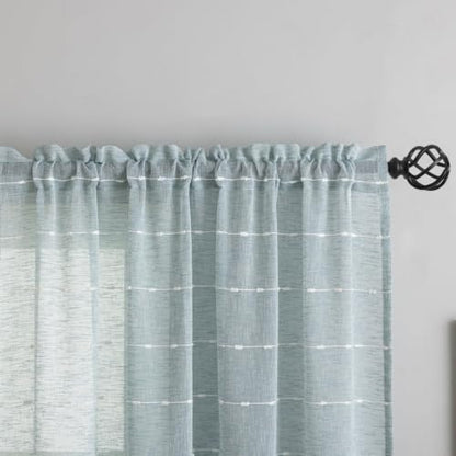 Blue Sheer Curtains 84 Inches Boho Striped Faux Linen 2 Panels - color: Blue, size: 52"W x 84"L (Pack of 2)