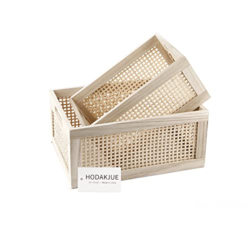 Rattan Woven Wooden Storage Basket Set of 2, Square‑corner Rectangular - size: Rectangle B - 2-Piece Set