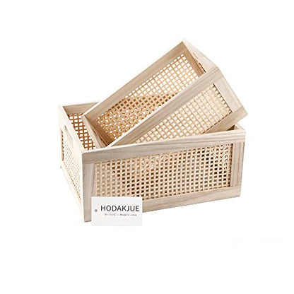 Rattan Woven Wooden Storage Basket Set of 2, Square‑corner Rectangular - size: Rectangle B - 2-Piece Set