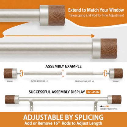 1 Pack Boho Rustic Adjustable Wood Curtain Rod 32-45 Inch, Nickel - color: Nickel, size: 32"-45"|1 PACK