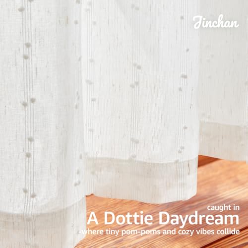 jinchan White Pom Pom Voile Kitchen Tier Curtains 24 Inches 2 Panels - color: Dottie Linen Whisper, size: 26"W x 24"L (Pack of 2)