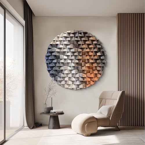 LIUZEYUE Round Wood Wall Art, Split-Tone Cube Mosaic, Modern Wood Accent - color: Blue+Beige+Coffee, size: Ø 23.6"