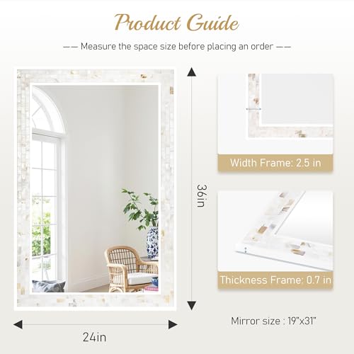 White Framed Rectangle Bathroom Mirror 24x36 Inch - size: 36"L x 24"W