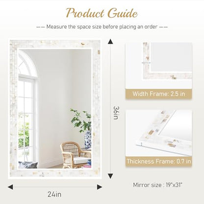 White Framed Rectangle Bathroom Mirror 24x36 Inch - size: 36"L x 24"W