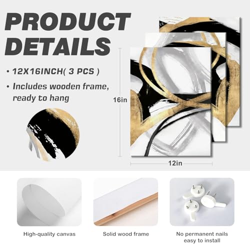LYYGLYY 3Pcs Framed Black Gold and White Canvas Wall Art 12x16 Inches - color: Dancing Lines, size: 12x16 Inches
