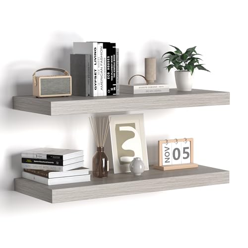 Floating Shelves - 24 Inch Rustic Wooden Wall Shelves - Extra Deeper & Thicker Wall Mounted Storage Shelf for Living Room, Kitchen, Farmhouse - 24" W x 9" D x 1.6"H - Rustic Grey, 2 Pack - color: Grey, size: 23.6"L x 9.3"D