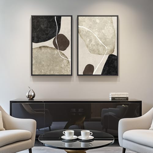 Framed Modern Black Beige Brown Abstract Canvas Wall Art Set of 2, 16x24 In - color: Stone-Inspired Abstract, size: 16" W x 24" H x 2Pcs