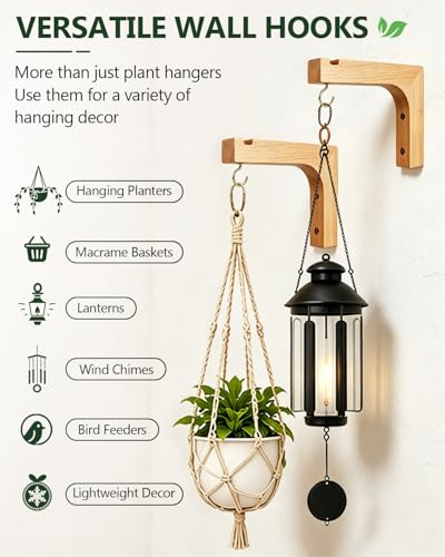 Macrame Plant Hanger, Hanging Wall Planters for Indoor Plants, Wooden Hanging Basket Hooks for Outdoor Pots Wind Chime Flower Bracket Lanterns Patio Garden Decoration (2-Pack,5-Inch) - style: 2-L Style(2Pack)