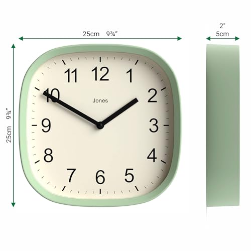 JONES CLOCKS® Sprite wall Clock | Modern Square Clock | 10" | Mint Green - color: Neo Mint