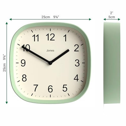 JONES CLOCKS® Sprite wall Clock | Modern Square Clock | 10" | Mint Green - color: Neo Mint