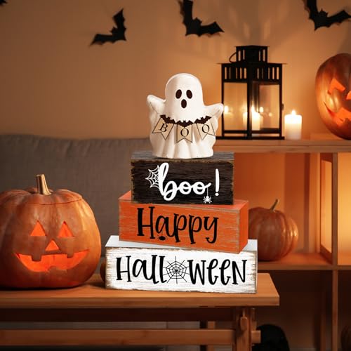 Yousoontic 4 Pcs Halloween Wooden Block Sign, Rustic Farmhouse Decor - style: Halloween Spider
