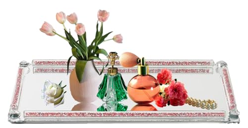 Crystal Mirror Tray, 13.8" x 5.9" Pink Glass Perfume Tray - color: Pink a