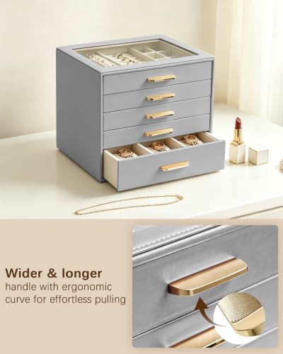 Homeanda Jewelry Boxes Organizer with Glass Lid, 5-Layer PU Leather, Grey - color: Grey, size: 5 Layer