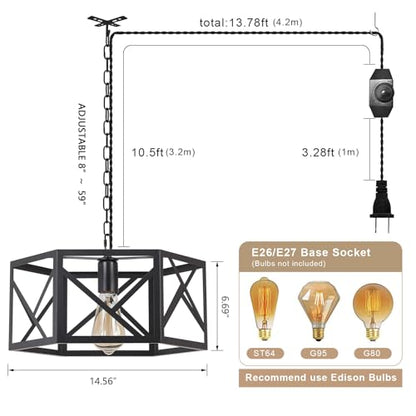 Rustic Farmhouse Plug in Pendant Light Fixture with Adjustable Chain, Dimmable Switch, 14.5 inch Modern Industrial Metal Cage Hanging Lamp for Kitchen Island Dining Room Farmhouse Home, Black - size: Medium hanging lamp