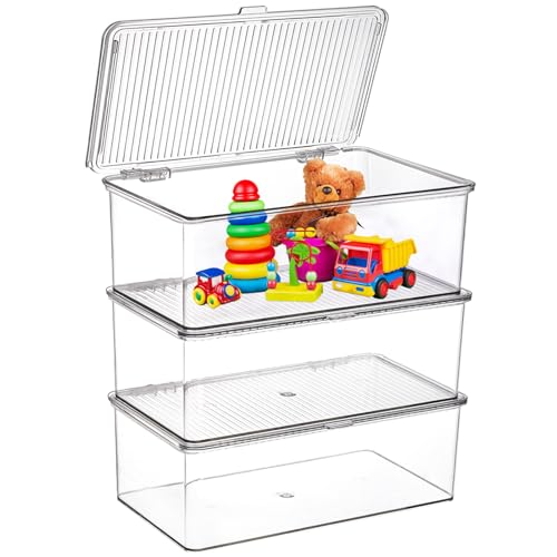 ZENFUN Set of 3 Small Stackable Storage Bins with Hinged Lid, Acrylic Organizer Box, Clear Makeup Organizer Box, Cosmetic Case for Home, Office - size: 10.8*6.8*3.7 inch