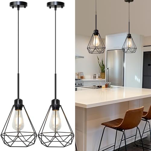 Maliralt Pendant Light Hanging Lights Fixture - Black Industrial Hanging Lamps with Metal Diamond Shade for Kitchen Island, Dining Room Over Table, Breakfast Corner, Farmhouse Home Decor - 2 Pack - size: 7.18Inch-2Pack-Diamond Shade