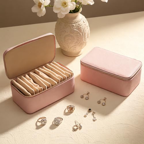 Travel Jewelry Case with 12 Velvet Zipped Pouches Bags, Hot Pink - color: Hot Pink - 12 Pouch