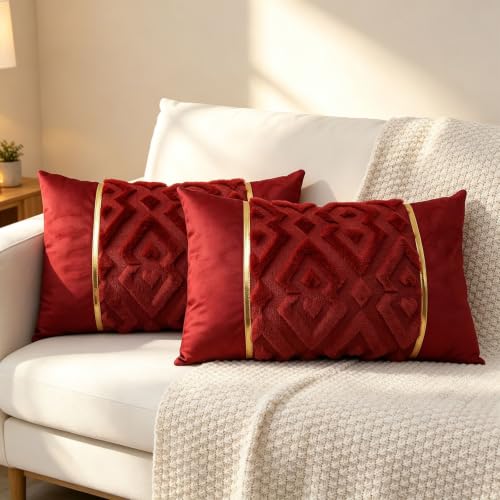 Luxury Patchwork Tufted Lumber Pillow Cover 12x20 Inch Set of 2 - color: Claret, size: 20" x 12" (Pack of 2)