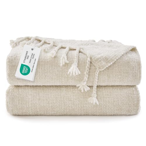 BEDELITE Soft Cozy Chenille Knit Throw Blanket with Tassel,Farmhouse Boho - color: Cream, size: Throw(50"x60")