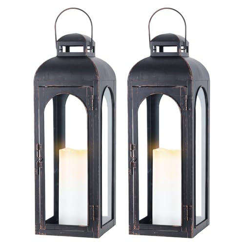 NEEDOMO Set of 2 Lanterns Decorative for Home,22''H Large LuxuryBronze Metal Hurricane Lanterns with Tempered Glass Panels for Porch,Tabletop, Mantle, Wall Hanging, Garden, Indoor & Outdoor Décor - size: 22''/22''H