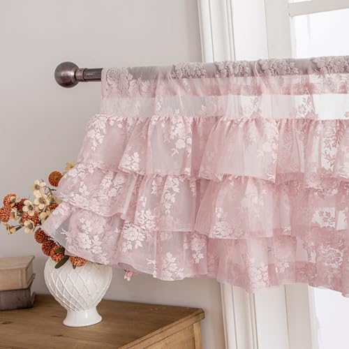 Kotile Pink Ruffle Lace Valance for Windows W52 x L18 Inch, 1 Panel - color: Pink - Ruffle Lace