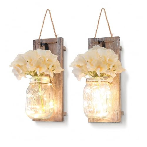 Rustic Mason Jar Sconces Wall Decor, Rustic Brown, Set of 2 - color: 11"H Brown + Hydrangea