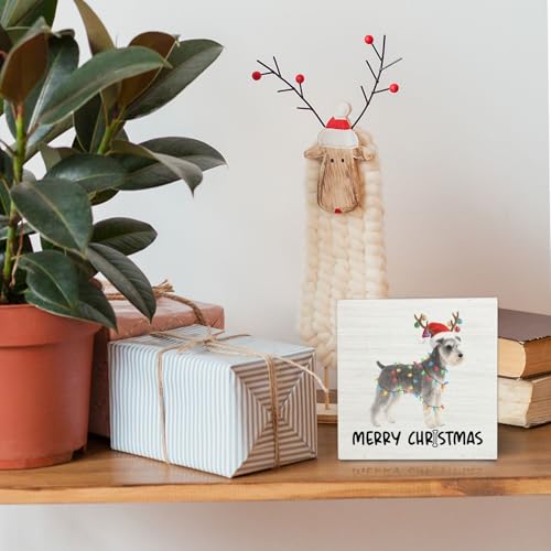Schnauzer Merry Christmas Wooden Box Sign Desk Decor, Schnauzer Gifts, Christmas Dog Wood Block Sign for Home Bedroom Office Desk Table Shelf Wall Decorations, 5x5 Inch - color: Schnauzer
