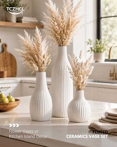 Minimal Line White Ceramic Vase Set of 3, Matte Decorative Flower Vases - color: White