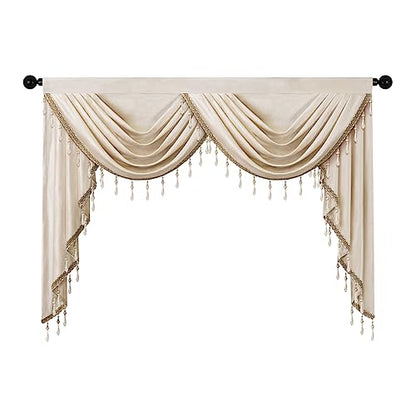 ELKCA Luxury Cream Velvet Curtain Valances for Living Room with Beads(59inch,1 Panel) - color: Cream, size: 59"W x 43"L (Pack of 1)