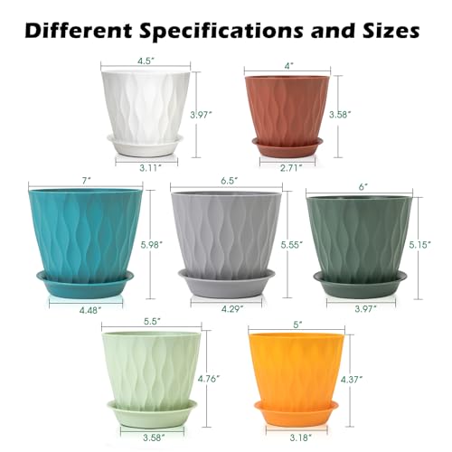 GARDIFE 7 Pack Plant Pots 4-7 inch with Drainage Holes and Tray, Green - color: Color-green