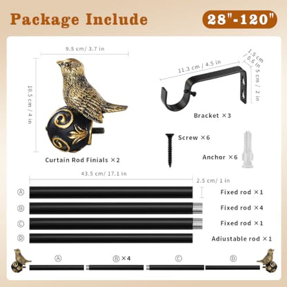 Curtain Rods for Windows 84-120 Inch, Gold Curtain Rod with Bird Finials - size: 84-120