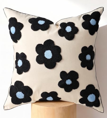 Embroidered Throw Pillow Cover 18x18 Inch, Black Flowers - color: Black Flowers, size: 18" x 18" (Pack of 1)