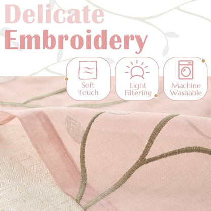 jinchan Linen Kitchen Valance Sheer Leaf Embroidered 18 Inch 1 Panel Pink - color: Leaf | Pink