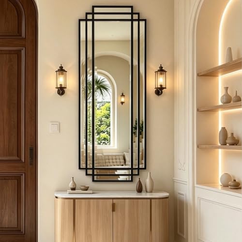 42"x16" Geometric Decorative Beveled Mirror with Black Wood Frame - color: Black, size: 42"L x 16"W