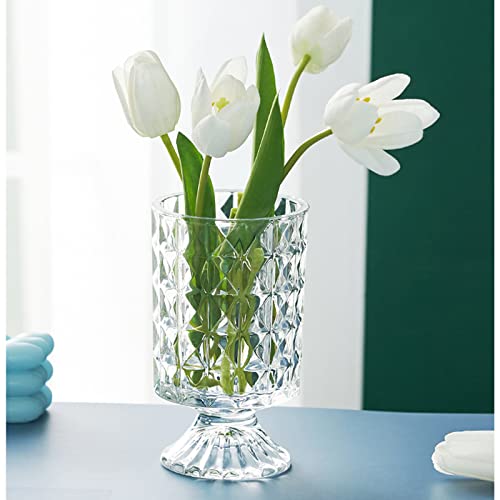 7 Inch Modern Glass Vase with Embossed Ribbed Base - Clear Hydroponic Design for Home Decor, Weddings Party Living Room, Dining Table Floral Arrangement Centerpiece - color: Diamond Pattern Style