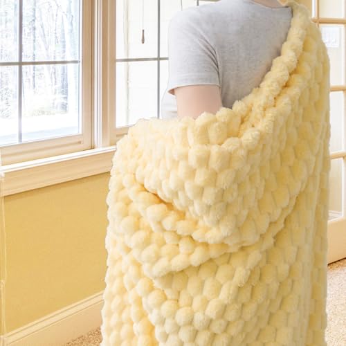 Vessia Flannel Fleece Throw Blanket, 3D Jacquard Light Yellow Fuzzy and Warm Blanket for Couch, Sofa, Bed, 300GSM Super Soft Touch Cozy Home Decor for All Seasons (50x70 inches) - color: Light Yellow, size: 50×70inch